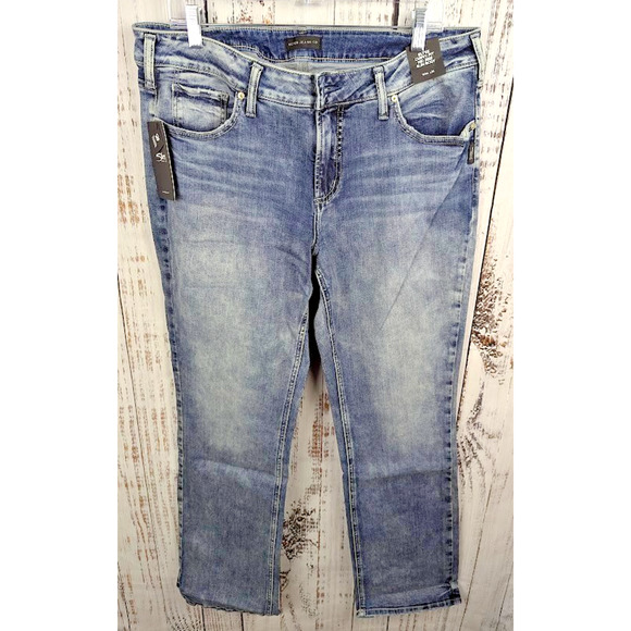 Silver Jeans Elyse Mid Rise Slim Bootcut‎ Jeans Curvy Fit Size 34X33 Distressed - Picture 1 of 7
